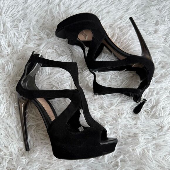 Alexander McQueen Black Suede Strappy Platform Sandals with Horn Heel Size 37.5 - Picture 5 of 11